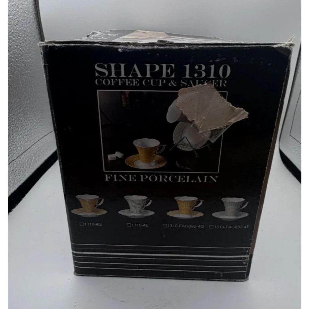 ☕✨ Set of 2 Shape 1320 Fine Porcelain Coffee Cups & Saucers with Gold Trim 💛